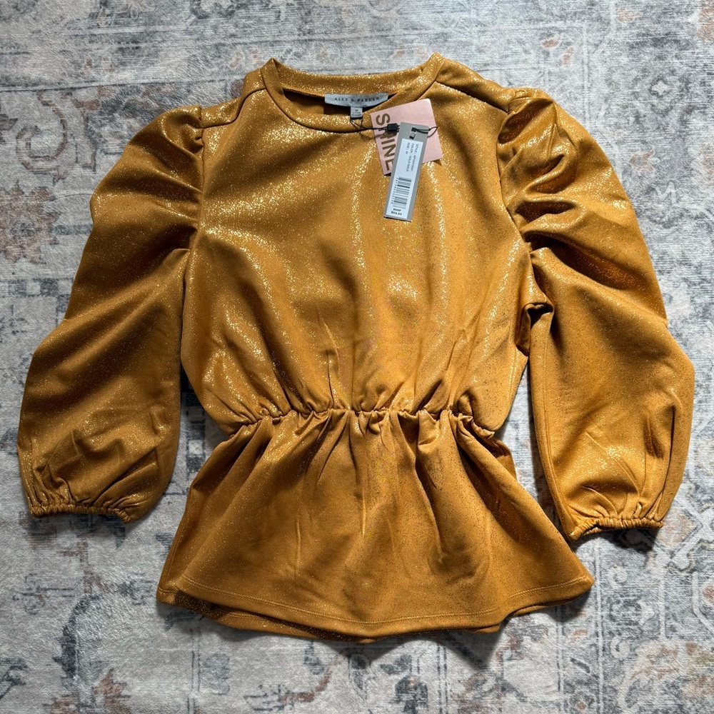 Gold Peplum Blouse with Ruffled Puff Sleeves NWT Medium
